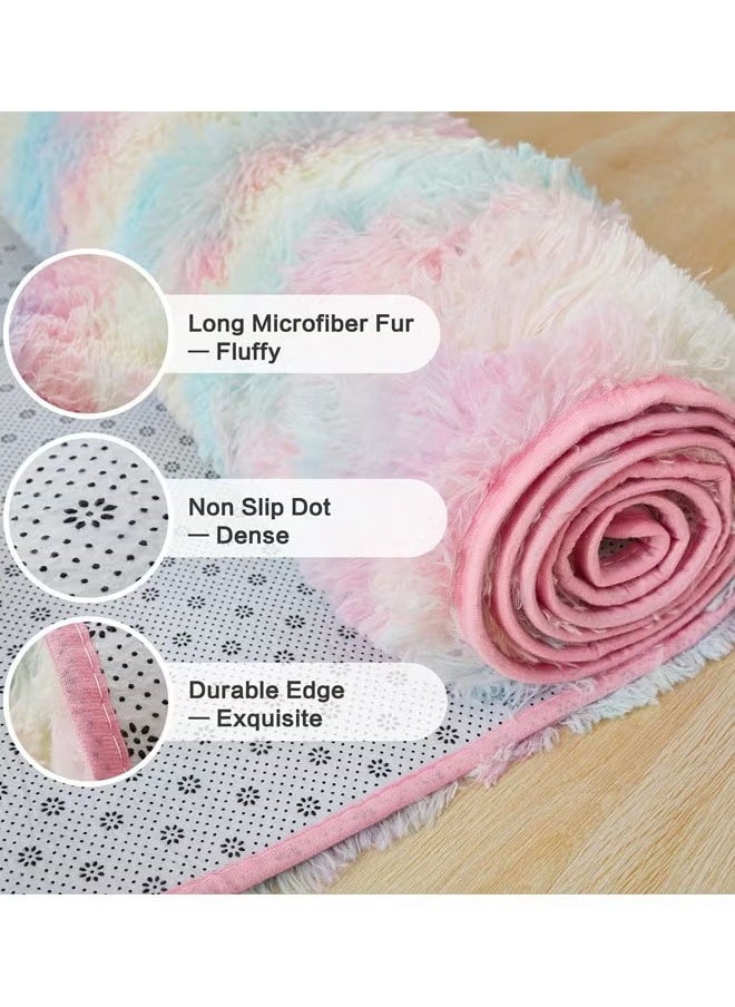 HQ-GAMING Fluffy Rainbow Area Rugs for Girls Bedroom Furry Rug Ultra Soft Fluffy Area Rugs Anti Slip Plush Carpets High Pile Tie Dye Rugs for Living Room Bedroom Kids Room Kawaii Princess Rug  - Image 2