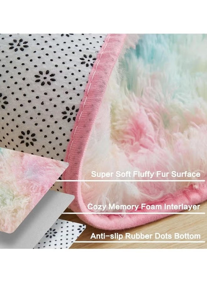 HQ-GAMING Fluffy Rainbow Area Rugs for Girls Bedroom Furry Rug Ultra Soft Fluffy Area Rugs Anti Slip Plush Carpets High Pile Tie Dye Rugs for Living Room Bedroom Kids Room Kawaii Princess Rug  - Image 3