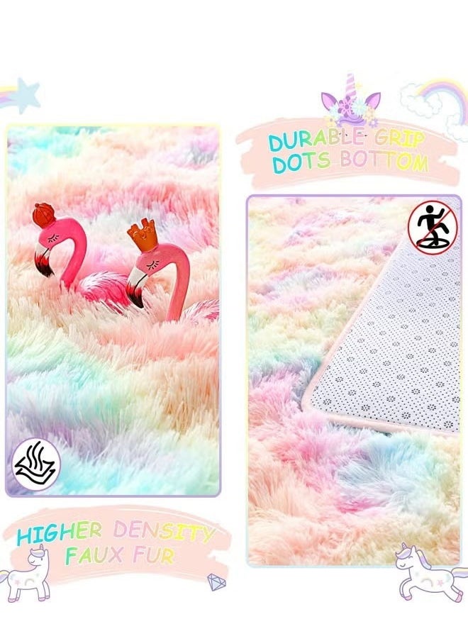HQ-GAMING Fluffy Rainbow Area Rugs for Girls Bedroom Furry Rug Ultra Soft Fluffy Area Rugs Anti Slip Plush Carpets High Pile Tie Dye Rugs for Living Room Bedroom Kids Room Kawaii Princess Rug  - Image 5