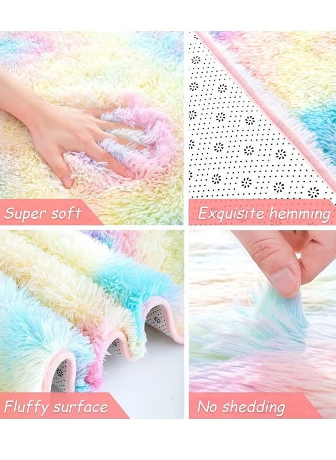 HQ-GAMING Fluffy Rainbow Area Rugs for Girls Bedroom Furry Rug Ultra Soft Fluffy Area Rugs Anti Slip Plush Carpets High Pile Tie Dye Rugs for Living Room Bedroom Kids Room Kawaii Princess Rug  - Image 4