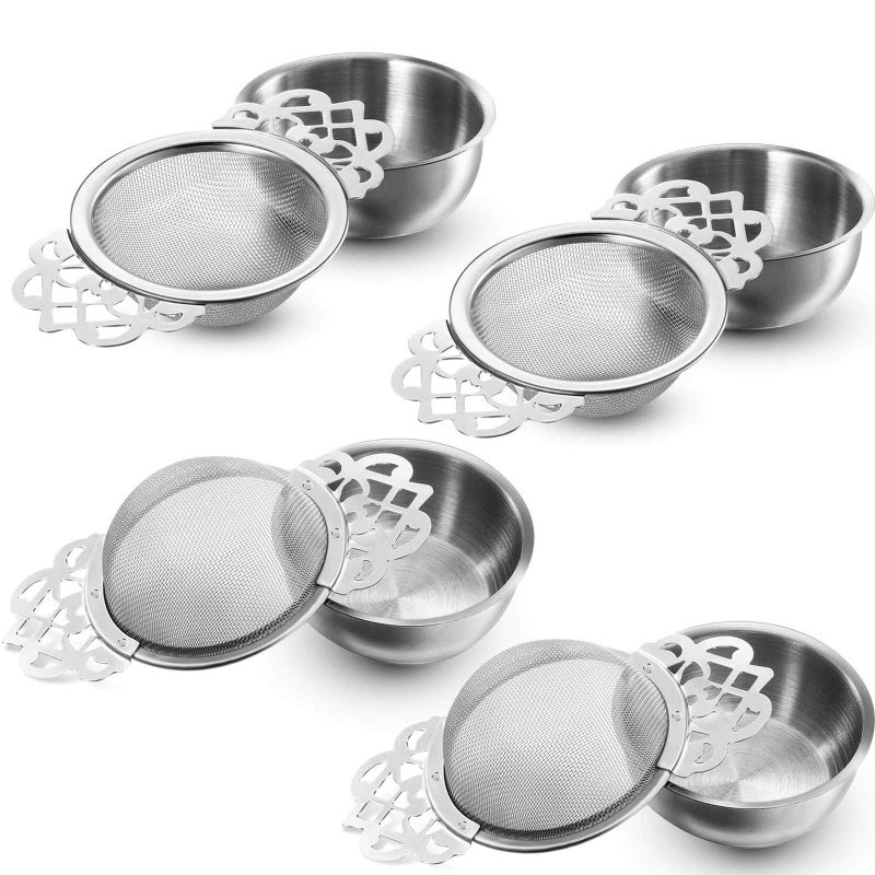 Hotop 4 Pieces Empress Tea Strainers with Drip Bowls, Mesh Tea Infuser Stainless Steel Loose Leaf Residue Filter with Handles for Better Residue Experience, Silver - Image 1