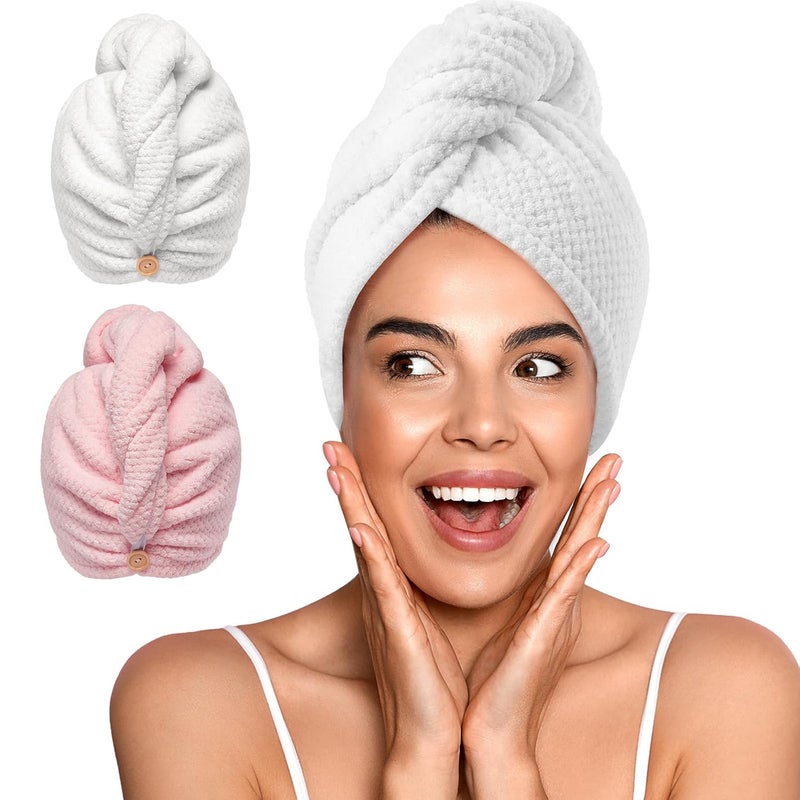 YFONG 2 Pack Microfiber Hair Towel Wrap for Women Super Absorbent Quick Dry Hair Turban for All Hair Style Anti Frizz Large Hair Drying Towel with Button - Image 1