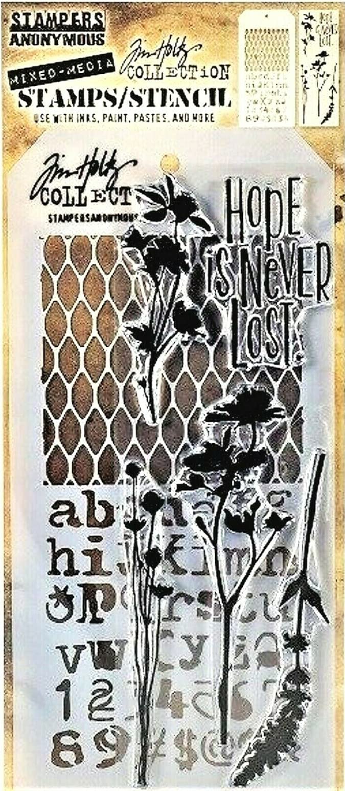 Tim Holtz Collection Stampers Anonymous Tim Holtz Mesh Alphabet Flowers Hope is Never Lost Mixed Media Stamp and Stencil Set THMM121