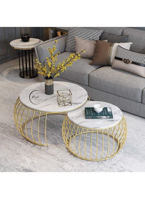 RIZIK STORE Iron Frame Handmade Drum CoffeeNesting TableSide TableCenter Table with wodden MDF Top for Living RoomDrawing Room Gold 20x20 18 x 18Set of 2