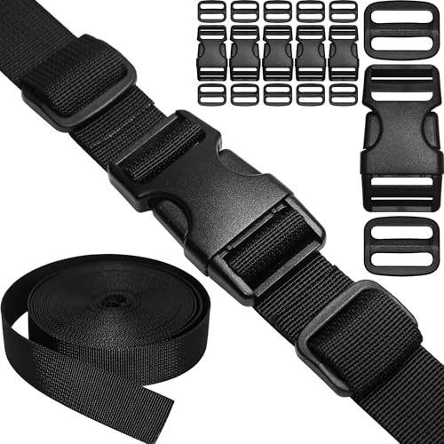 1 Straps and Buckles Set 6 yard Nylon Webbing 1 inch 25 mm Wide 6 pack Side Release Buckle 12 pcs TriGlide Sliders Plastic Clip Quick Fastener Replacement Heavy Duty Dual Adjustable No Sew