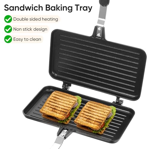 DOITOOL Double-Sided Non-Stick Sandwich Pan 14In Baking Tray with Ergonomic Handle for Stovetop Cooking Sandwiches Omelettes Toasts and More - Image 2