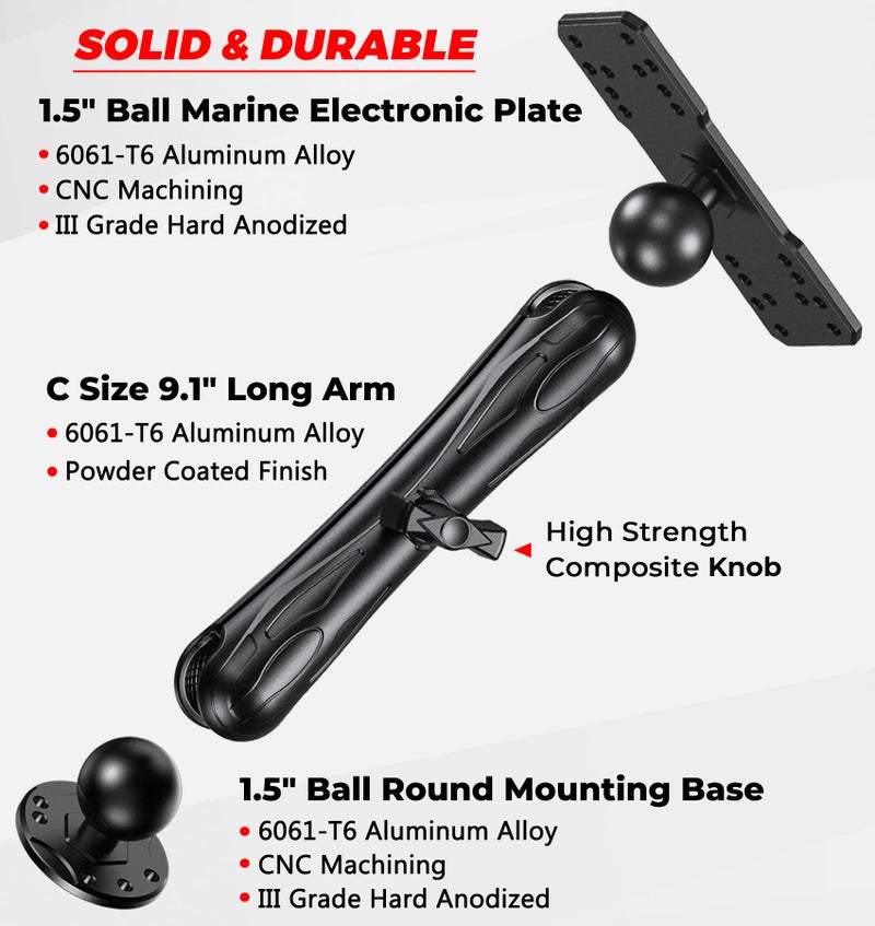 VAZESWIN Aluminum Alloy Fish Finder Mount with C Size 1.5" Ball Rectangular Plate & Round Base, 9.1" Long Arm Marine Electronic Mount Compatible with Garmin, Lowrance, Humminbird, Raymarine and More - Image 2