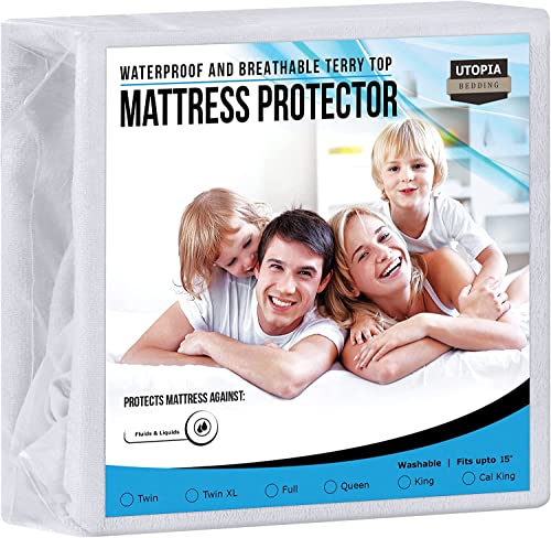 Utopia Bedding Premium Waterproof Terry Mattress Protector Twin XL 200 GSM  Mattress Cover  Breathable  Fitted Style with Stretchable Pockets (White) - Image 1