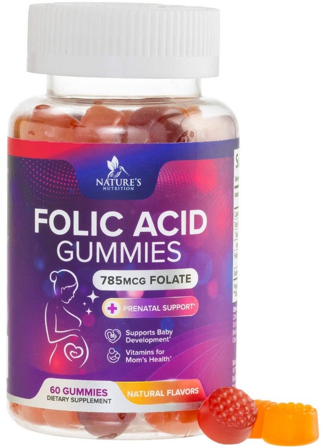 Nature's Nutrition - Folic Acid Gummies For Women 785 Mcg Essential Prenatal Vitamins For Mom & Baby Vegan Folic Acid Supplement Gummy B9 Chewable Extra Strength Folate For Before During After Pregnancy 60 Gummies - Image 1