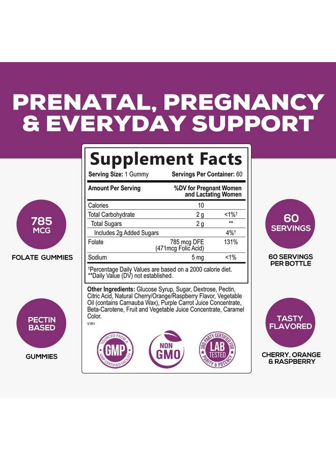 Nature's Nutrition - Folic Acid Gummies For Women 785 Mcg Essential Prenatal Vitamins For Mom & Baby Vegan Folic Acid Supplement Gummy B9 Chewable Extra Strength Folate For Before During After Pregnancy 60 Gummies - Image 1
