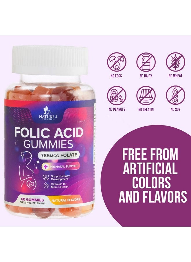 Nature's Nutrition - Folic Acid Gummies For Women 785 Mcg Essential Prenatal Vitamins For Mom & Baby Vegan Folic Acid Supplement Gummy B9 Chewable Extra Strength Folate For Before During After Pregnancy 60 Gummies - Image 1
