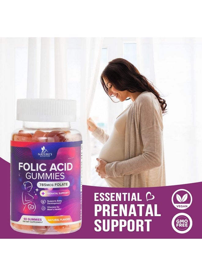 Nature's Nutrition - Folic Acid Gummies For Women 785 Mcg Essential Prenatal Vitamins For Mom & Baby Vegan Folic Acid Supplement Gummy B9 Chewable Extra Strength Folate For Before During After Pregnancy 60 Gummies - Image 1
