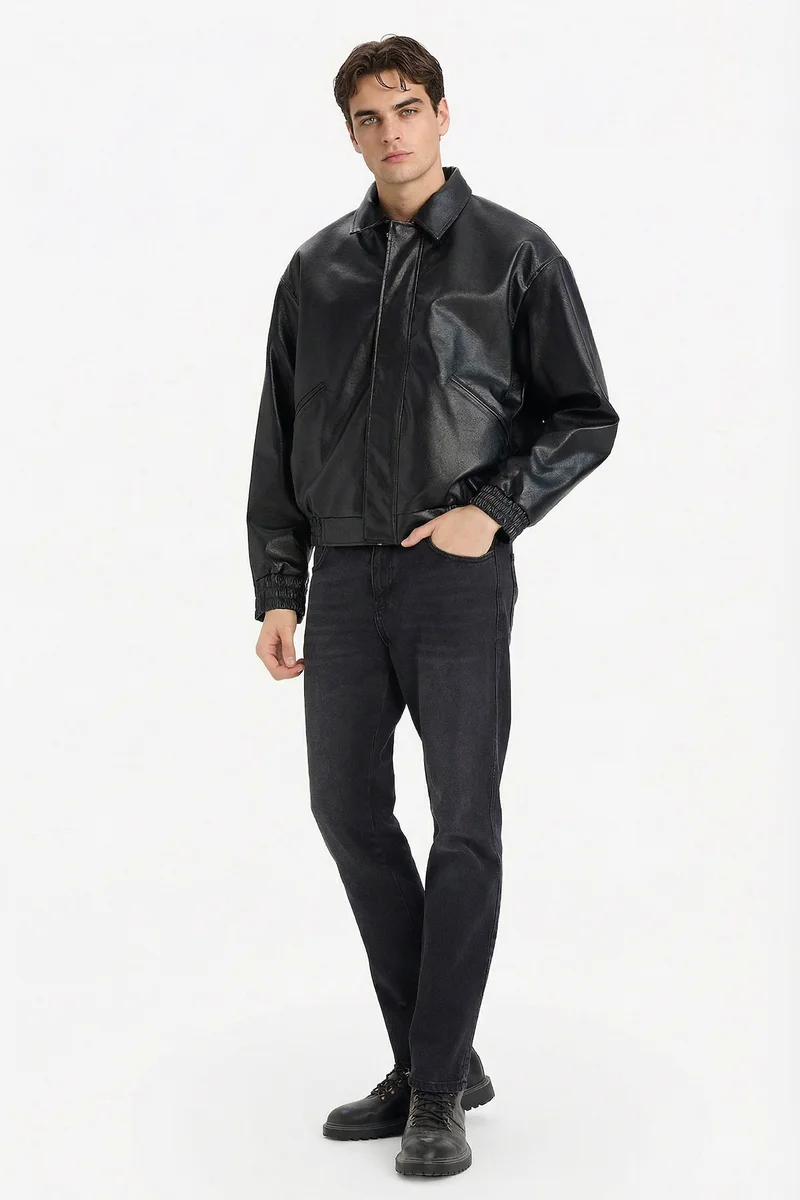 ديفاكتو Oversize Fit Shirt Collar Zip-Up Faux Leather Jacket