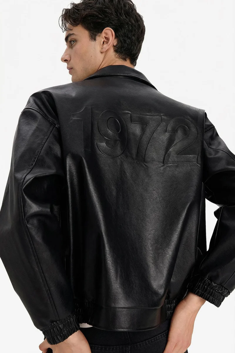 ديفاكتو Oversize Fit Shirt Collar Zip-Up Faux Leather Jacket