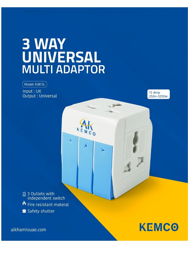 AK KEMCO 3 Way Universal Multi Adapter Plug with switch's White Wall Multi Plug for home and office 938sl  - Image 3