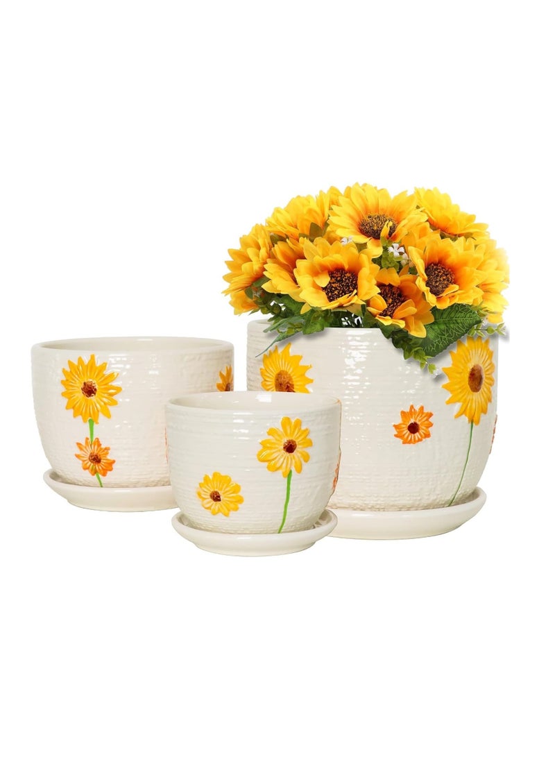 vsell24 Sunflower Design  Ceramic Flower Succulent Pots with Drainage Hole And Saucer For Indoor And Outdoor Garden - Image 2