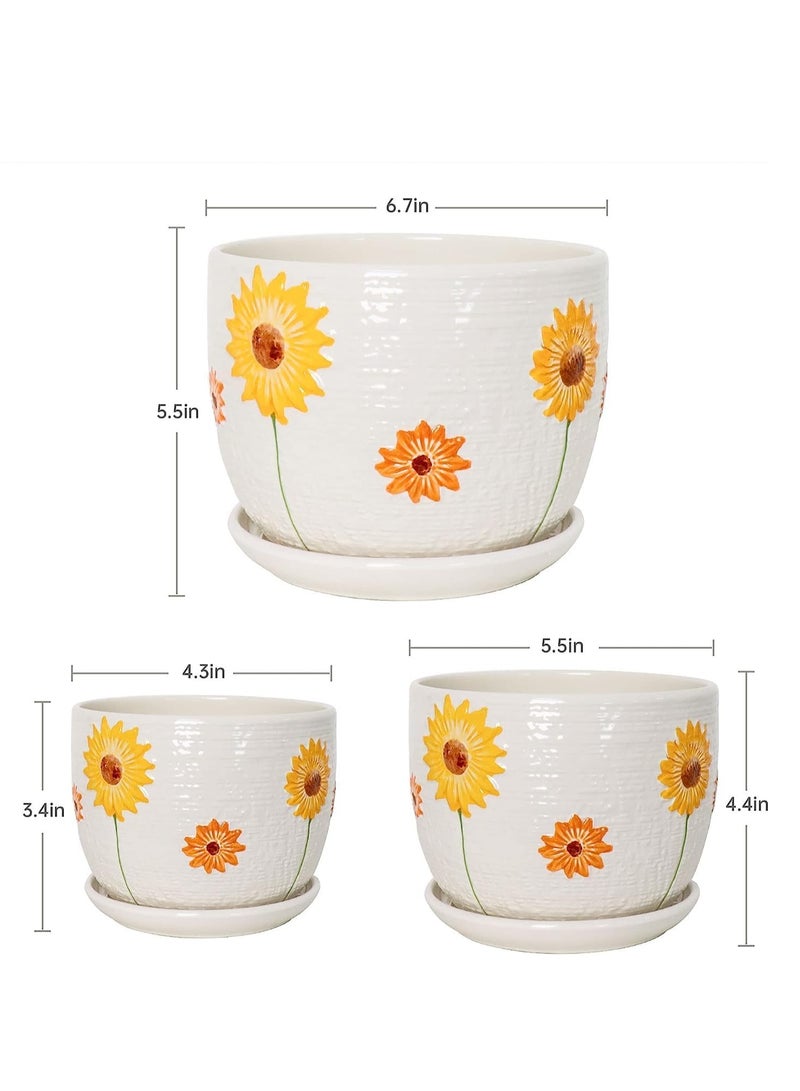 vsell24 Sunflower Design  Ceramic Flower Succulent Pots with Drainage Hole And Saucer For Indoor And Outdoor Garden - Image 4