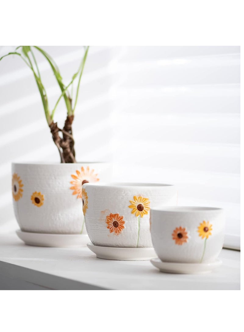 vsell24 Sunflower Design  Ceramic Flower Succulent Pots with Drainage Hole And Saucer For Indoor And Outdoor Garden - Image 3