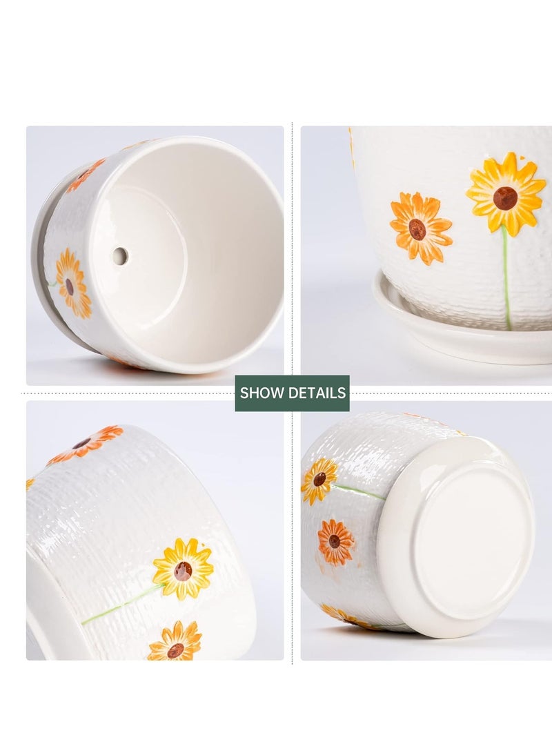 vsell24 Sunflower Design  Ceramic Flower Succulent Pots with Drainage Hole And Saucer For Indoor And Outdoor Garden - Image 5