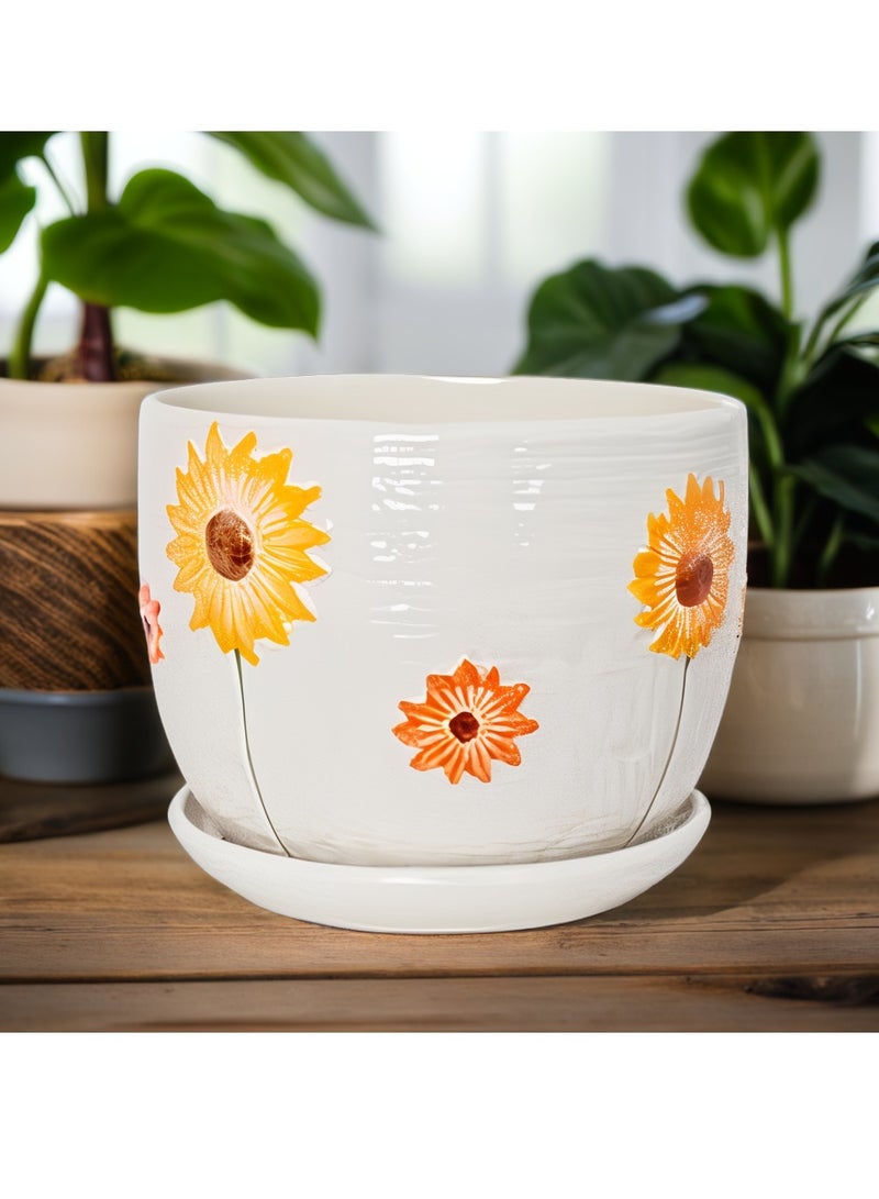 vsell24 Sunflower Design  Ceramic Flower Succulent Pots with Drainage Hole And Saucer For Indoor And Outdoor Garden - Image 1