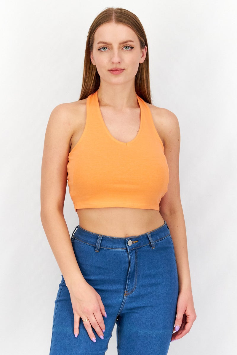 Sinsay Women Halter Neck Sleeveless Solid Top, Orange - Image 1