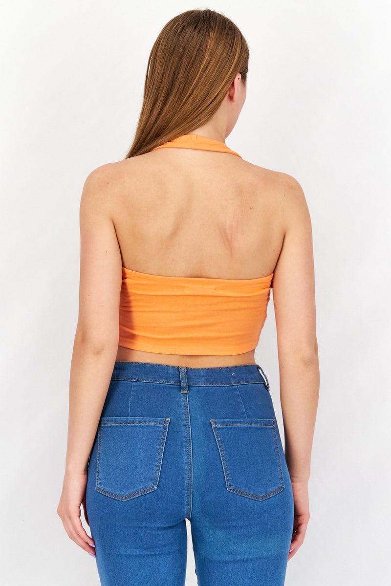 Sinsay Women Halter Neck Sleeveless Solid Top, Orange - Image 3