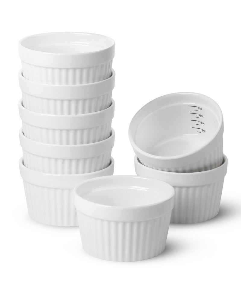 Brew To A Tea مجموعة BTaT من الأطباق الصغيرة سعة 8 أونصات - مجموعة من 8 أطباق صغيرة للخبز مع علامات قياس لأطباق الكريمة بروليه وأكواب السوفليه وأكواب الكاسترد وأواني السيراميك وأطباق السوفليه ووعاء سيراميك صغير