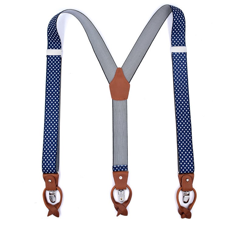 Mens Trendy Suspenders 3.5cm Adjustable Elastic 6 Clips Casual Straps Navy blue printed white plaid 