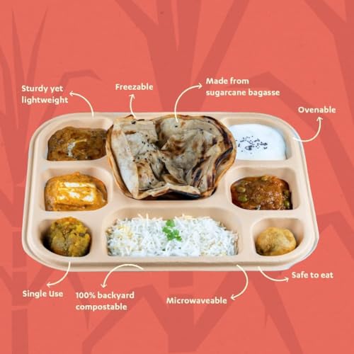 Amit Marketing 8 Compartment Square Disposable Plates | Eco-Friendly Biodegradable Bagasse & Leak Proof | Heavy-Duty Compostable Food Plate | for Serving Snacks, Takeaway & Catering | 25 Pcs – Beige - Image 2