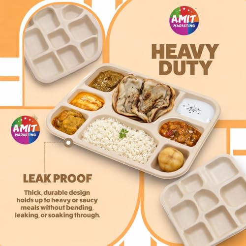Amit Marketing 8 Compartment Square Disposable Plates | Eco-Friendly Biodegradable Bagasse & Leak Proof | Heavy-Duty Compostable Food Plate | for Serving Snacks, Takeaway & Catering | 25 Pcs – Beige - Image 4