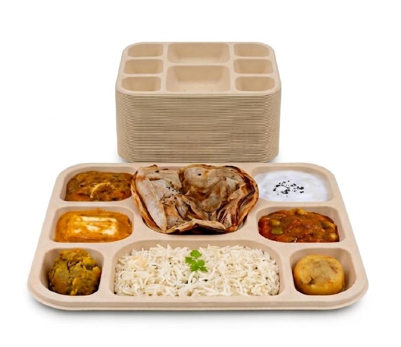 Amit Marketing 8 Compartment Square Disposable Plates | Eco-Friendly Biodegradable Bagasse & Leak Proof | Heavy-Duty Compostable Food Plate | for Serving Snacks, Takeaway & Catering | 25 Pcs – Beige - Image 1