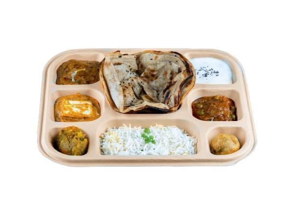 Amit Marketing 8 Compartment Square Disposable Plates | Eco-Friendly Biodegradable Bagasse & Leak Proof | Heavy-Duty Compostable Food Plate | for Serving Snacks, Takeaway & Catering | 25 Pcs – Beige - Image 3
