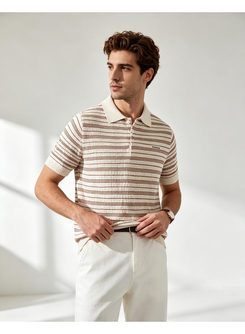 GEOX Unisex Short Sleeve Polo Shirt Classic Striped Regular Fit Casual Daily Wear Beige For Men And Women - Image 3