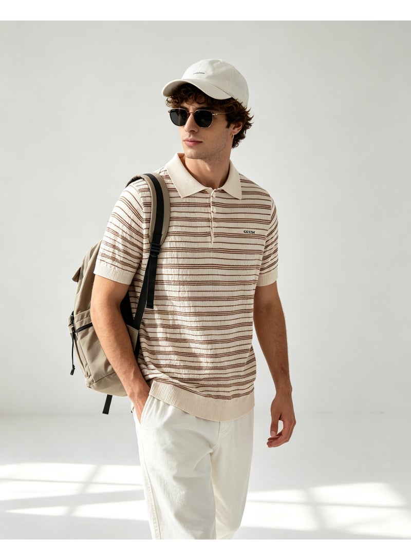 GEOX Unisex Short Sleeve Polo Shirt Classic Striped Regular Fit Casual Daily Wear Beige For Men And Women - Image 2