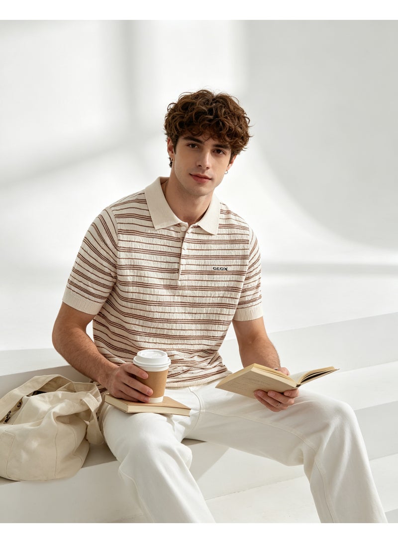 GEOX Unisex Short Sleeve Polo Shirt Classic Striped Regular Fit Casual Daily Wear Beige For Men And Women - Image 1