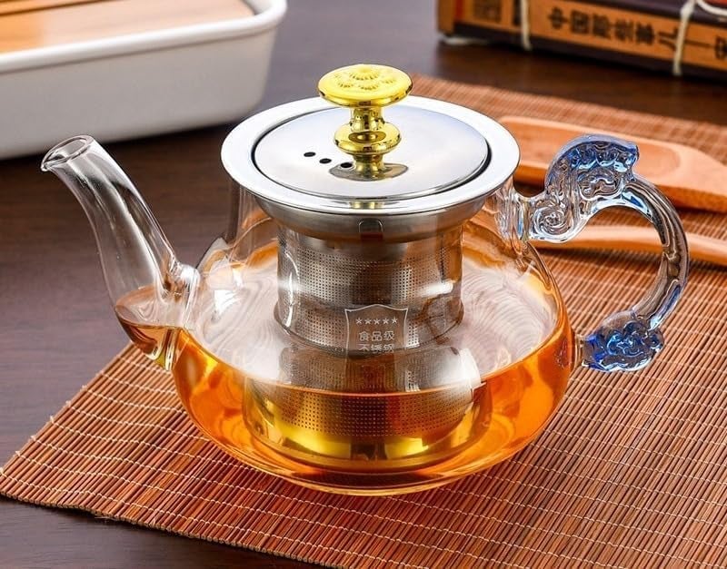 GipiBox® 500 ml Borosilicate Glass Teapot with Stainless Steel Infuser | Blue Handle & Gold Knob Tea Pot for Loose Leaf, Herbal & Fruit Tea - Image 1