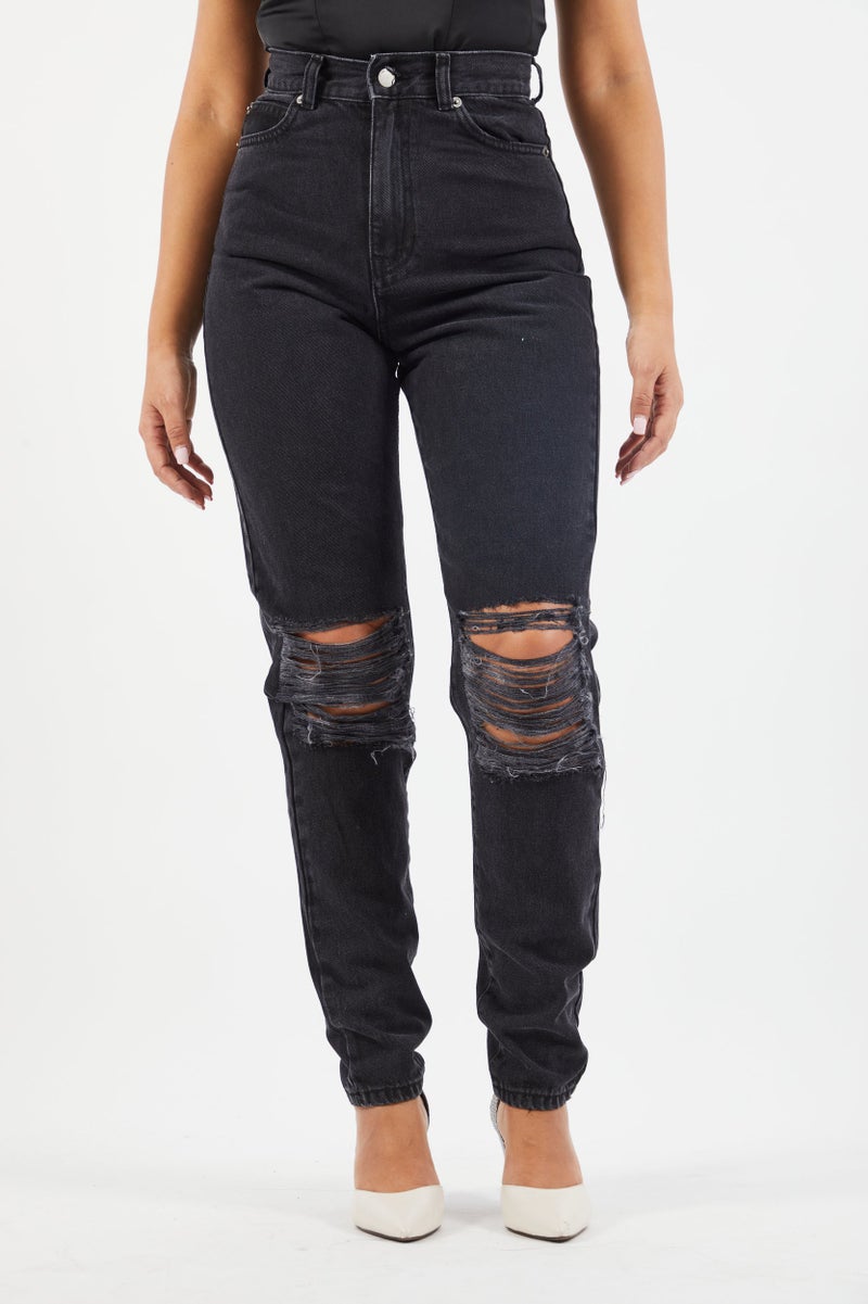 Dr Denim Women Regular Fit Washed Ripped Non Stretchable Jeans, Black - Image 1