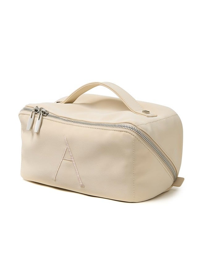 EACHY Travel Makeup Bag,Large Capacity Cosmetic Bags for Women,Waterproof Portable Pouch Open Flat Toiletry Bag Pattern Makeup Bag, BA-Beige, Medium - Image 1