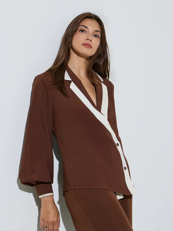 Styli Styli Brown Contrast Lapel Neck Wrap Top