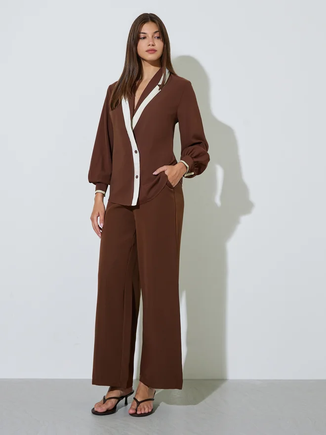 Styli Styli Brown Contrast Lapel Neck Wrap Top