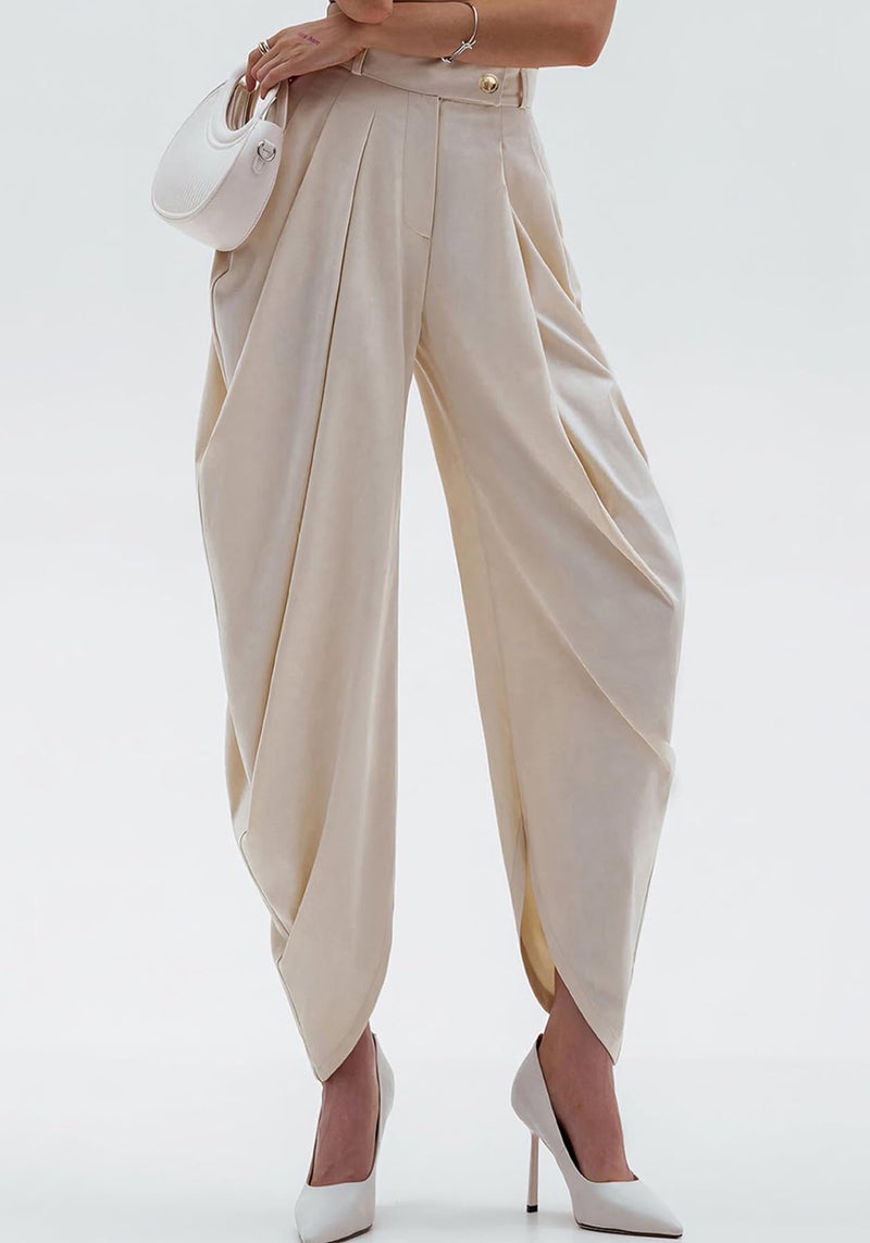 Unybwonn Palazzo Pants for Women Pleated Business Baggy Work Dress Pants Wide Leg High Waisted Harem Pants Trousers Apricot - Image 4