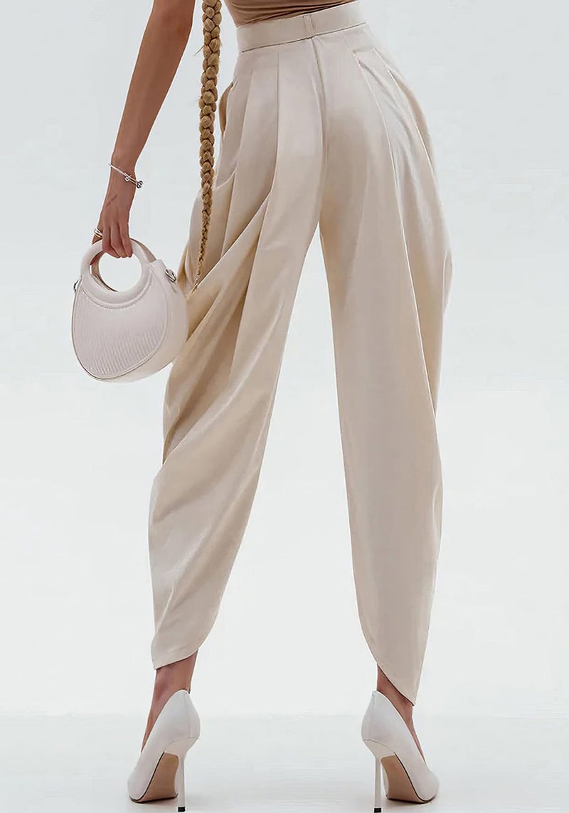 Unybwonn Palazzo Pants for Women Pleated Business Baggy Work Dress Pants Wide Leg High Waisted Harem Pants Trousers Apricot - Image 5