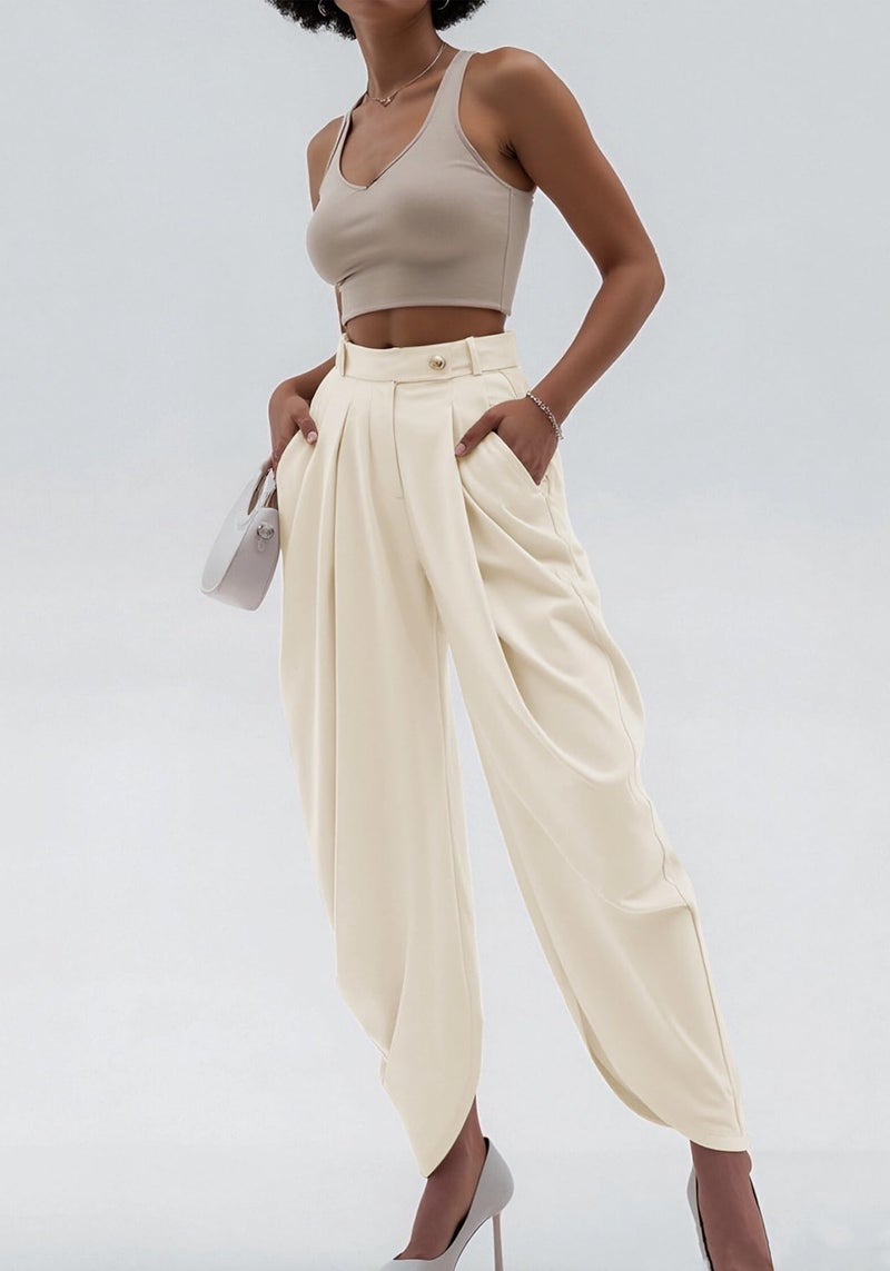 Unybwonn Palazzo Pants for Women Pleated Business Baggy Work Dress Pants Wide Leg High Waisted Harem Pants Trousers Apricot - Image 3