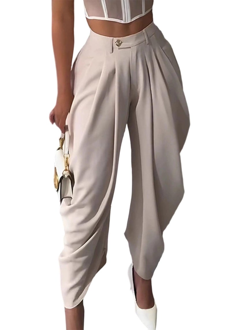 Unybwonn Palazzo Pants for Women Pleated Business Baggy Work Dress Pants Wide Leg High Waisted Harem Pants Trousers Apricot - Image 1