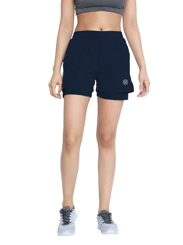 CHKOKKO Gym Shorts for Women Workout Sports Running Quick Dry Fit Double Layer Inner Compression with Pockets Breathable Lightweight Wear Navy Blue XL - Image 1