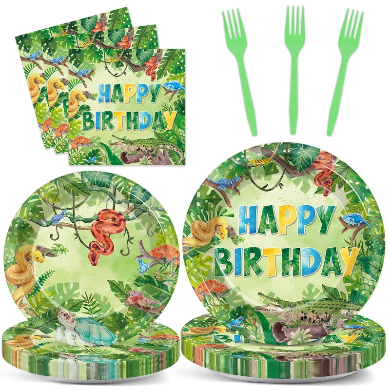 Wiooffen 96 Pcs Reptile Birthday Party Supplies Reptile Swamp Happy Birthday Plates Napkins For Kids Jungle Swamp Snake Alligator Camping Wildlife Turtle Wilderness Party Tableware Decorations Favors Serves 24 - Image 1