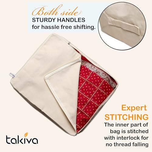 TAKIVA Cotton Canvas Saree Storage Bags (Pack Of 3) | Cotton Bags for Clothes Storage | Bags for Storing Clothes and Blankets (Off White) - Image 3