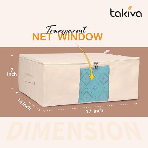TAKIVA Cotton Canvas Saree Storage Bags (Pack Of 3) | Cotton Bags for Clothes Storage | Bags for Storing Clothes and Blankets (Off White) - Image 2