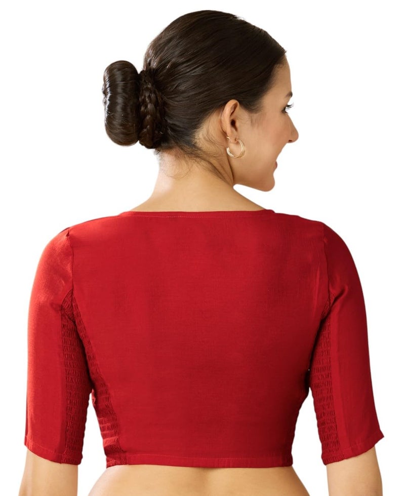 Studio Shringaar Women's Cotton Silk Stretchable (Smocked) Readymade Saree Blouse (Red, 42) - Image 4
