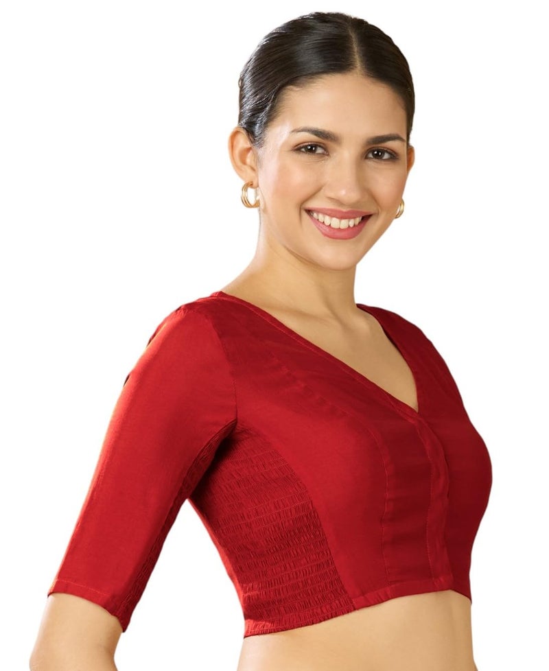 Studio Shringaar Women's Cotton Silk Stretchable (Smocked) Readymade Saree Blouse (Red, 42) - Image 3